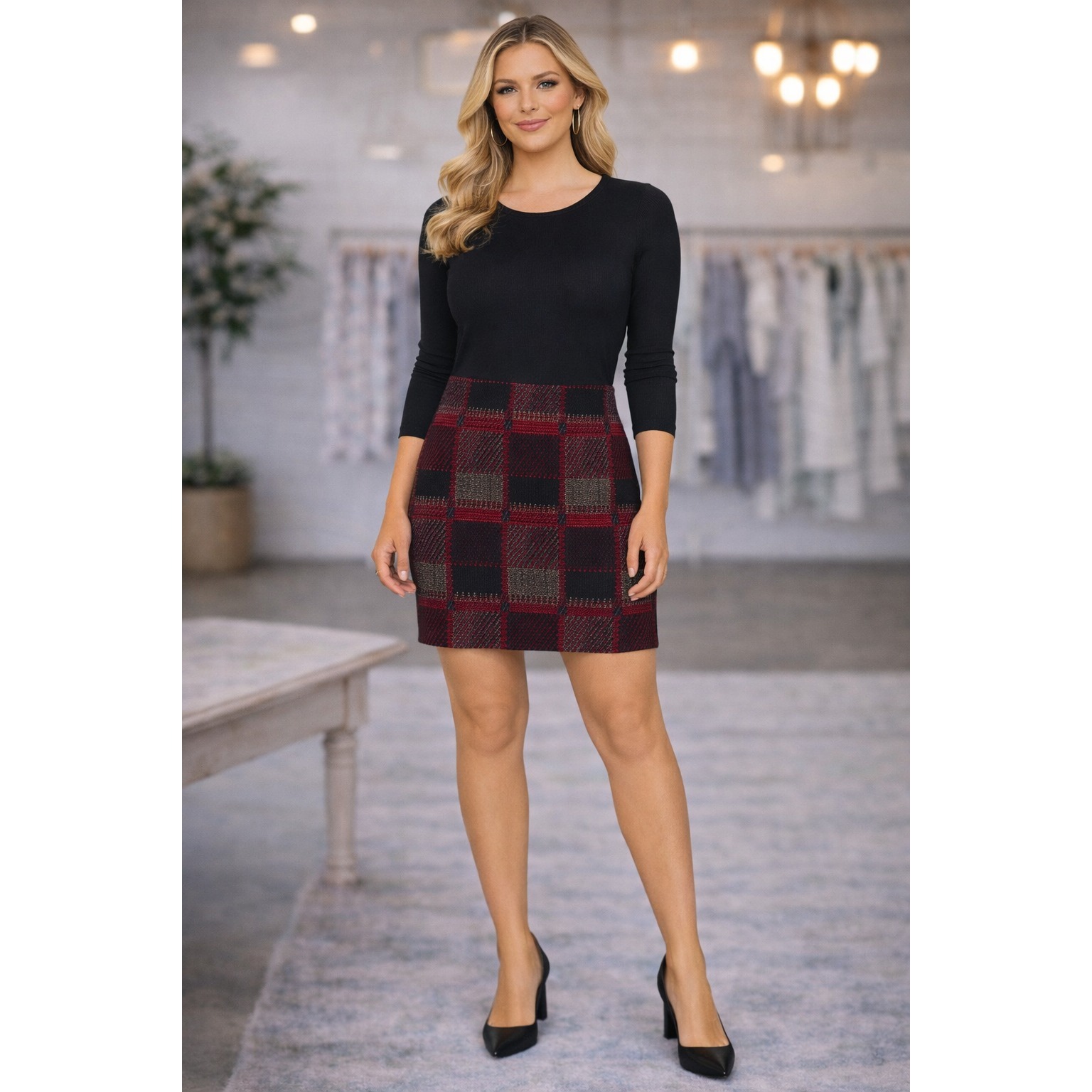 J Mclaughlin Plaid Check Knit Skirt Red Black Metallic Mini Lined 6 Wool Blend